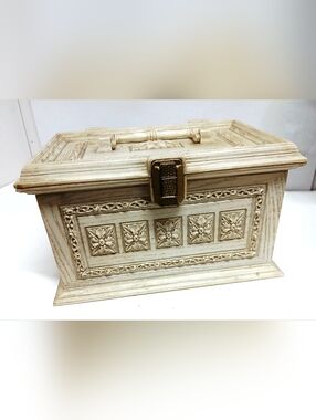 Vintage Cream Plastic  Sewing Chest Box with Ornate Detailing and Content